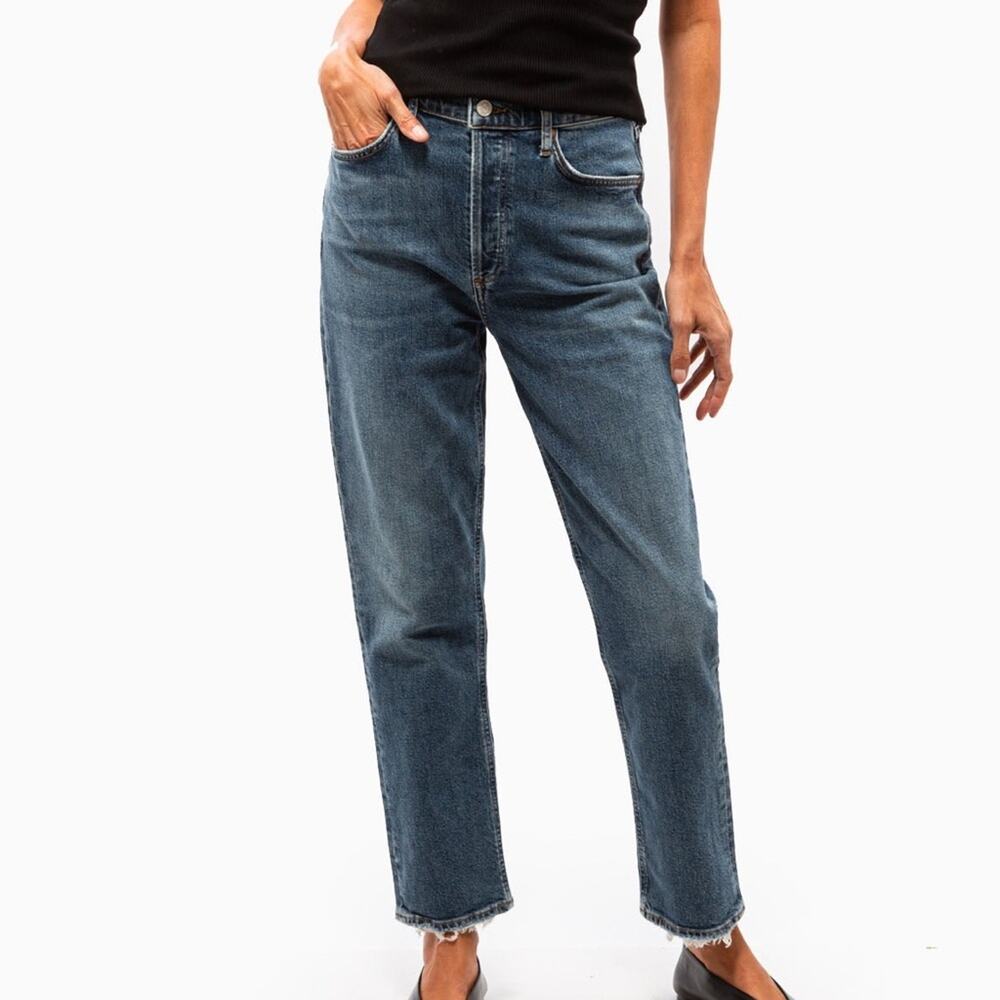 Agolde Rylee Long Dark Wash Raw Hem Button Fly High Rise Straight Jeans Size 24